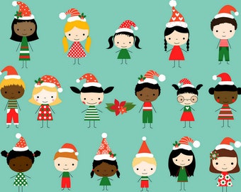 Cute Christmas Stick Figures Clipart, Children Clip Art, Multicultural clip art, Multiracial kids African American Boy Girl with Santa Hat