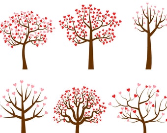 Love tree clipart set, Wedding tree clip art, Valentine tree clipart, Family pink red hearts digital tree graphic, Save the date clipart