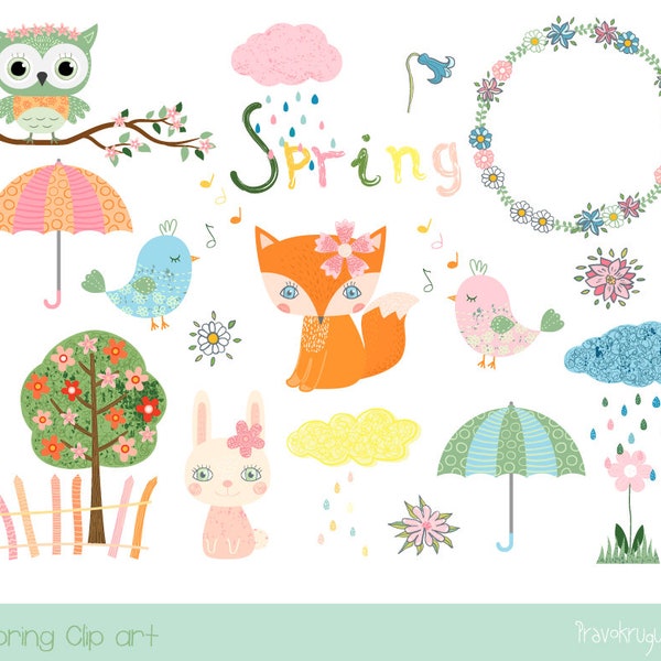 Cute spring clipart, Kawaii fox clipart, Bird clip art, Spring animal clip art,  umbrella, flower tree, cloud, wreath, rain, owl, bunny