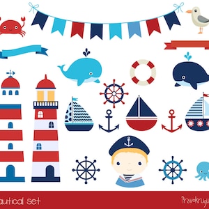 Cute nautical clipart, Lighthouse clip art anchor, Marine sailing party sailor clipart, Ocean sailboats clipart, helm, crab, bunting, whale