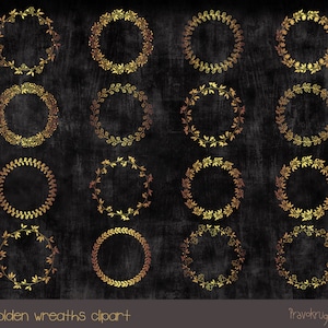 Gold frame clipart, Golden Leaf circle frame clipart, Elegant floral gold wreath clip art, Round digital frame and border, Gold border label