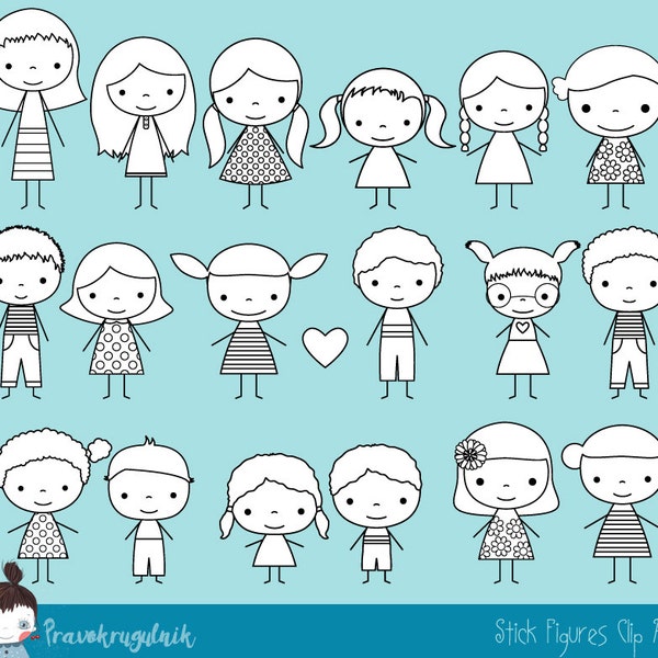 Cute boy and girl stick figure digital stamp, Children stick figure clip art, Black and white outline stick figure clipart, Kids digi stamp