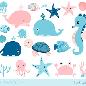Cute sea animal clipart, Kawaii ocean clipart,  Baby girl under sea clipart, blue seahorse whale turtle octopus jellyfish pink crab fish