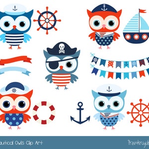 Cute nautical owl clipart, Sailor owl clip art pirate,  Boy nautical clip art, marine, boat, anchor, helm, bird, animal, bunting, banner