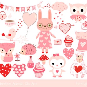 Cute Valentine animal clipart, Pink kawaii animal clip art, Valentine clip art, Love clipart, bunny, penguin, fox, cat, owl, bird, hedgehog image 1