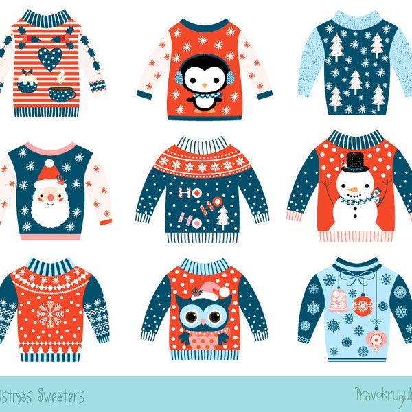 Tacky Christmas sweater clipart, Ugly Christmas sweater clipart set, Cute sweater party clipart ,  Red blue jumper with penguin, Santa, owl