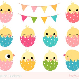 Easter chick clipart, Cute chicken clipart, Kawaii chicken clip art, Easter egg clipart, Easter peeps clipart set, Easter bunting, banner