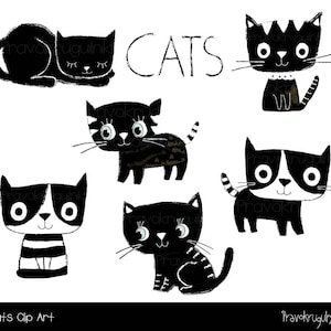 Cute cat clipart, Black and white cat clip art, Kawaii kitty clipart, Cartoon planner pet clipart, Scrapbooking kitten, Animal clipart set