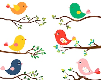 Cute bird clipart set, Tree branch clip art, Colorful spring bird clip art, Whimsical digital love birdie, Wedding clipart summer, kid child