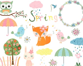 Cute spring clipart, Kawaii fox clipart, Bird clip art, Spring animal clip art,  umbrella, flower tree, cloud, wreath, rain, owl, bunny