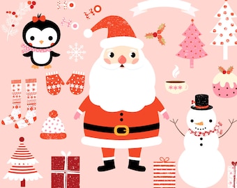 Kawaii Christmas clipart images, Cute Christmas clip art set, Santa clipart Christmas graphic, Winter clipart, Snowman and penguin clipart