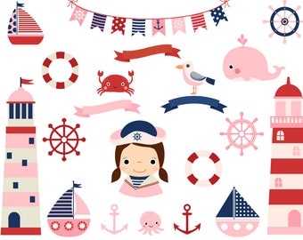 Pink nautical clipart, Lighthouse clip art baby shower, Cute girl sailing party sailor clipart, Ocean sailboat clipart, whale, helm, bunting