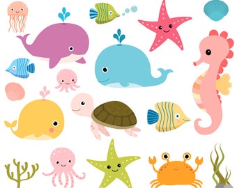 Sea animal clip art, Under the sea clipart, Seahorse whale clip art turtle , Ocean animal clipart, Octopus clipart jellyfish, Commercial use