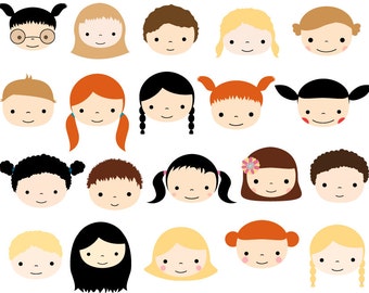 Bambino sveglio affronta insieme di clipart, bambini clipart testa, Kawaii ragazzo e ragazza clip arte uso commerciale, ClipArt di bambini, insegnante di scuola di risorse