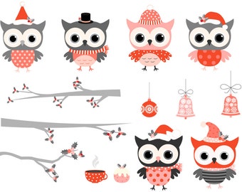 Cute Christmas owl clipart set, Red grey owl clip art, Winter bird clipart, Christmas animal clipart on tree  branch with holly and ornament