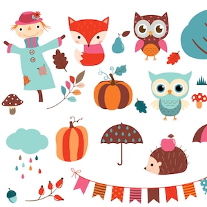 Fall clipart, Autumn clip art, Woodland animal clipart, Scarecrow clip art, Fox owl hedgehog clip art, Umbrella rain clipart, commercial use