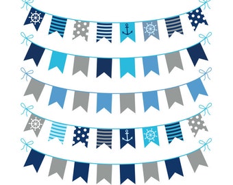 Nautical bunting clipart gray blue, Nautical banner clip art, Boy birthday party pennant flag border set, Navy digital bunting marine theme