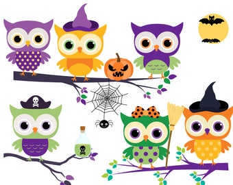 Cute Halloween owls clip art, Halloween clipart, Digital purple owl orange, Halloween bird clipart animal, witch hat, spider, tree branch cu