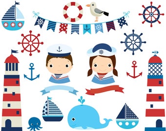 Nautical lighthouse clipart, Sail away clip art,  sailboat, whale, girl sailor, boy, ship, helm, anchor, seagull, bunting, banner, sea, navy