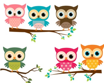 Baby owl clip art, Girl owl clipart, Rainbow owls on branches, Cute digital owl, Pink birthday owl clipart, Owl baby shower, commercial use