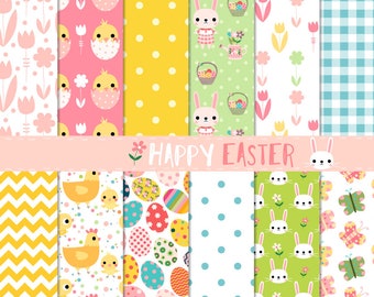 Easter digital paper, Printable digital scrapbook paper, Cute digital paper pack, seamless pattern commercial use, eggs, bunny, hen, spring