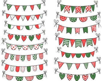 Christmas bunting clipart, Red green doodle bunting clip art, Banner flag clip art, Holiday garland clipart, Festive hand drawn xmas clipart