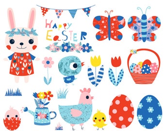 Cute Easter clipart spring, Happy Easter clip art set, Easter bunny clipart rabbit, Easter egg hunt clipart, chick, animal, hen, butterfly