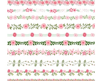 Pink flower border clipart, Cute floral border clip art, Wedding clipart, Divider flower edging, Decorative embellishment, commercial use cu