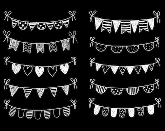 White bunting flags clipart, Chalkboard border clipart, Doodle bunting clip art, Hand drawn bunting wedding clipart pennant holiday garland