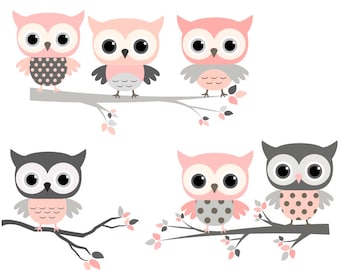 Baby shower owl clipart images, Cute owl kawaii clip art, Digital grey and pink nursery owl decorations, Baby girl clipart png, Tree branch