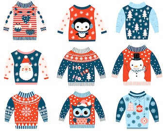 Tacky Christmas sweater clipart, Ugly Christmas sweater clipart set, Cute sweater party clipart ,  Red blue jumper with penguin, Santa, owl