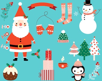 Cute Christmas clipart set, Kawaii Christmas clip art, Digital Christmas graphics, Santa clipart, Christmas penguin clipart, Snowman clipart
