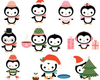 Christmas penguin clipart, Cute penguin clip art set, Kawaii penguin Christmas graphic, Winter baby shower penguin birthday, Penguin nursery