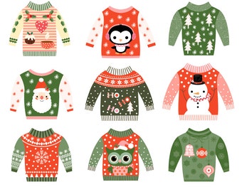 May include: Nine different Christmas sweater designs featuring various holiday themes. The sweaters are red, green, and white with different patterns and illustrations, including a penguin, snowman, Santa Claus, and an owl.