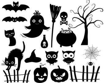 Halloween silhouette clip art, Halloween silhouette clipart set, Halloween cat, Spooky Halloween party clipart, Halloween image, Ghost