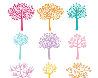 Colorful tree clipart, Color tree silhouette clipart, Fall tree clip art, Forest tree clipart, Seasonal tree clipart, Printable clipart tree
