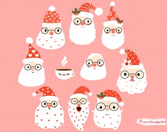 Cute Santa Face Clipart, Christmas Hipster Santa Clip Art, Digital Retro Santa Claus Head with Glasses and Beard, Quirky Funny Santa Set