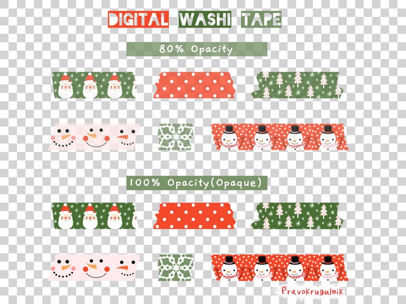 Cute Digital Washi Tape Clip Art, Christmas Red Green Washi Tape Sticker, Santa Snowman Digital Torn Paper Tape Set, Individual PNG Files image 3