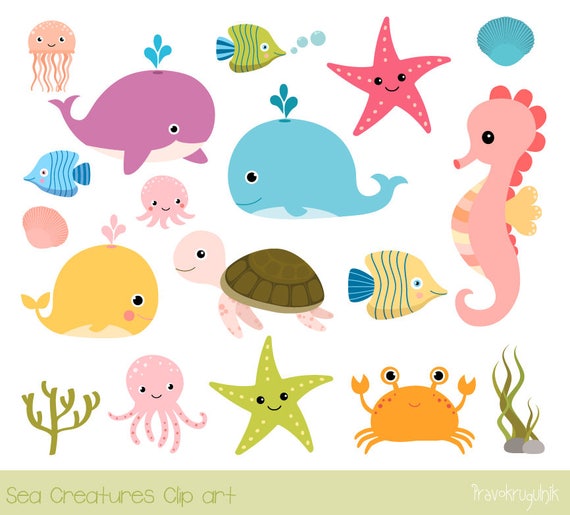 Sea Animal Clip Art Under The Sea Clipart Seahorse Whale Etsy
