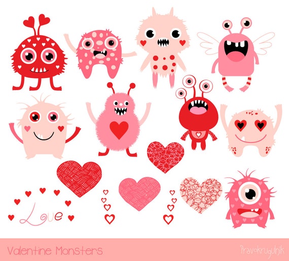 Cute Valentine monsters clipart, Kids Valentine clipart, Pink monster love  clipart, Valentine heart clip art, Children kawaii Valentine day