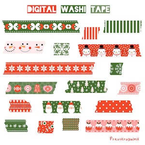 Cute Digital Washi Tape Clip Art, Christmas Red Green Washi Tape Sticker, Santa Snowman Digital Torn Paper Tape Set, Individual PNG Files image 1