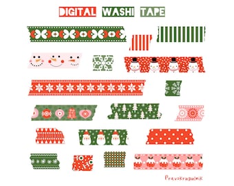 Cute Digital Washi Tape Clip Art, Christmas Red Green Washi Tape Sticker, Santa Snowman Digital Torn Paper Tape Set, Individual PNG Files