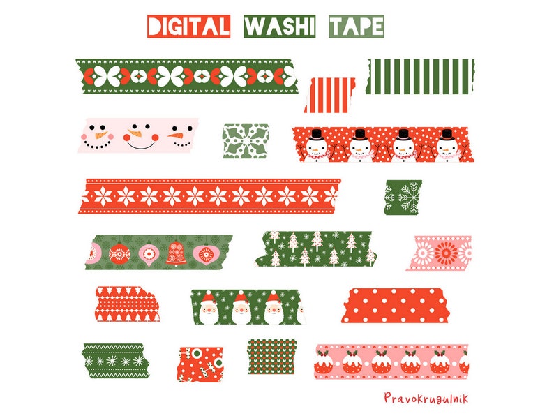 Cute Digital Washi Tape Clip Art, Christmas Red Green Washi Tape Sticker, Santa Snowman Digital Torn Paper Tape Set, Individual PNG Files image 1