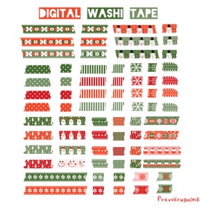 Cute Digital Washi Tape Clip Art, Christmas Red Green Washi Tape Sticker, Santa Snowman Digital Torn Paper Tape Set, Individual PNG Files image 4