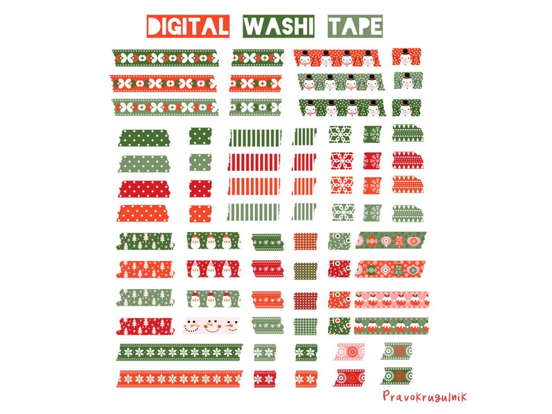 Cute Digital Washi Tape Clip Art, Christmas Red Green Washi Tape Sticker, Santa Snowman Digital Torn Paper Tape Set, Individual PNG Files image 4