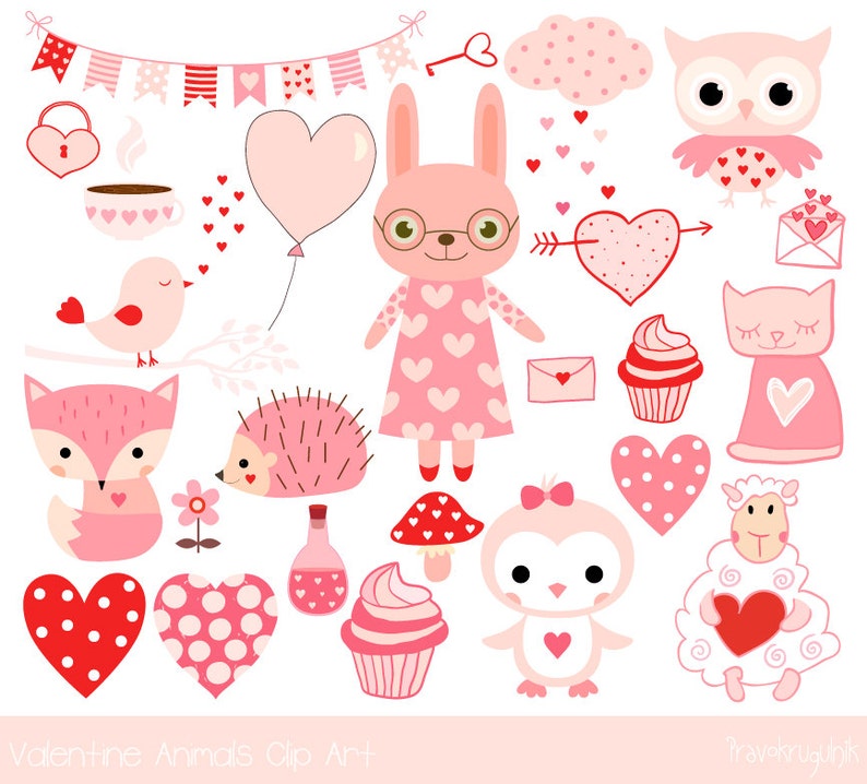 Cute Valentine animal clipart, Pink kawaii animal clip art, Valentine clip art, Love clipart, bunny, penguin, fox, cat, owl, bird, hedgehog image 1