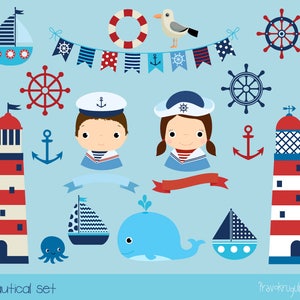 May include: A nautical themed clipart set with illustrations of a lighthouse, sailboat, anchor, whale, octopus, steering wheel, life preserver, seagull, and two sailors. The set also includes a red and blue banner with white polka dots.