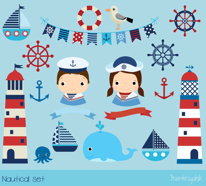 May include: A nautical themed clipart set with illustrations of a lighthouse, sailboat, anchor, whale, octopus, steering wheel, life preserver, seagull, and two sailors. The set also includes a red and blue banner with white polka dots.