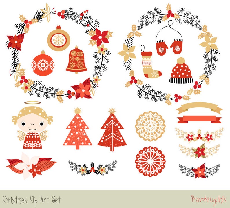 Cute Christmas clipart set, Holiday digital Christmas border clipart, Merry Christmas Wreath Clipart, Holiday Wreath Clip Art, Round frame image 1