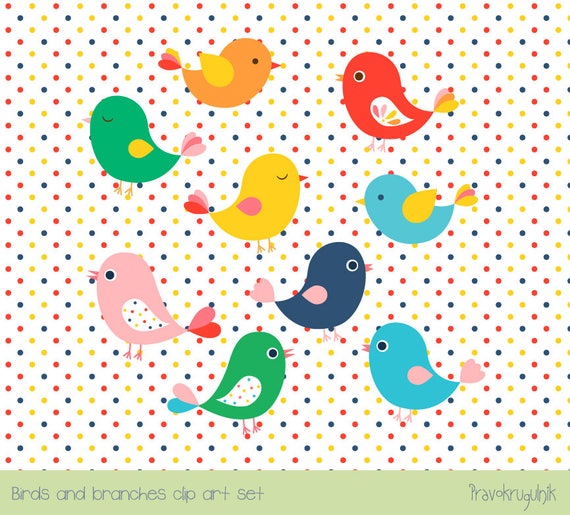 Niedlichen Vogel Clipart Set Baum Zweig Clip Art Bunter Etsy